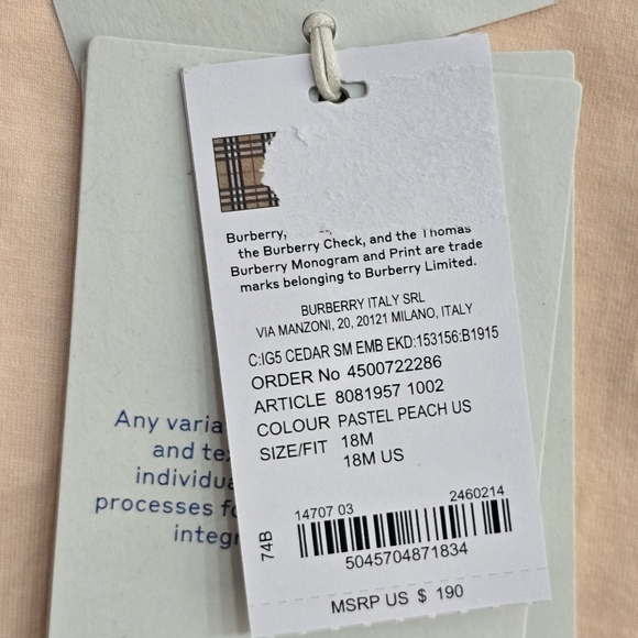 Burberry Kids Peach T-Shirt. Size 12 Months. Nwt - Picture 7 of 8